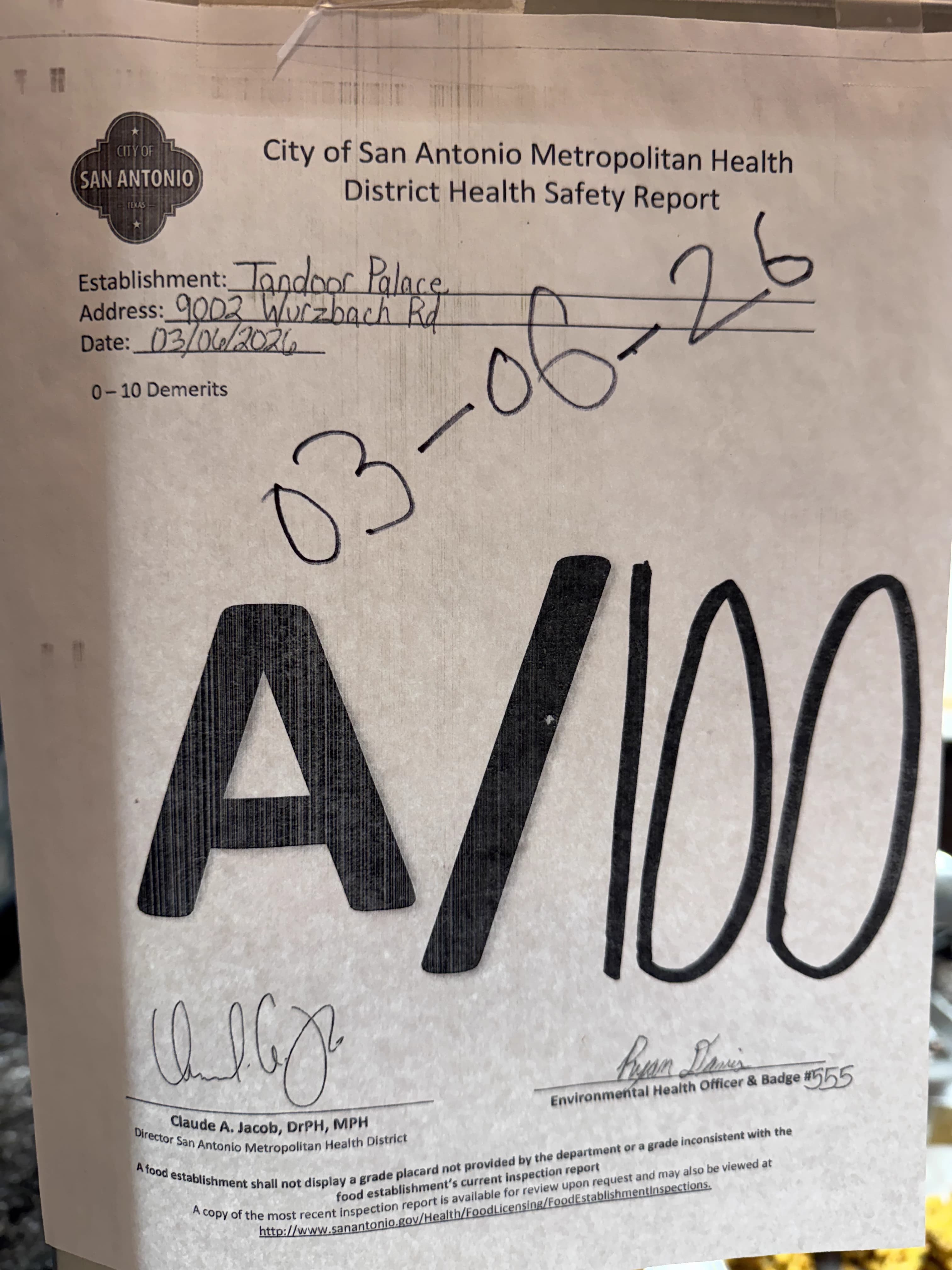 Perfect 100 health inspection score from City of San Antonio